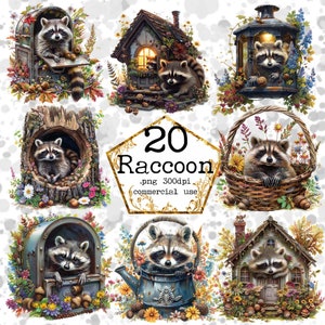 PNG acuarela mapache salvaje clipart paquete animales lindos PNG bosque clipart PNG descarga instantánea artesanías de papel diario basura Scrapbooking