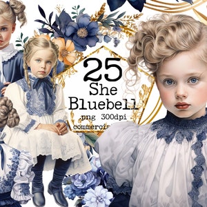 Azul marino acuarela victoriana niña clipart, chica de moda PNG digital, tarjeta haciendo álbum de recortes diario basura artesanías de papel uso comercial