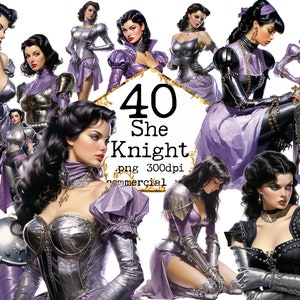 Knight Girls Clipart PNG Bundle, &#39;50s Transparent PNG, Armour, Medieval Instant Download Scrapbook, Junk Journal Paper Crafts Commercial Use