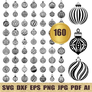 May include: A set of 160 black and white Christmas ornament SVG cut files. The ornaments are in various shapes and designs, including swirls, stripes, and dots.