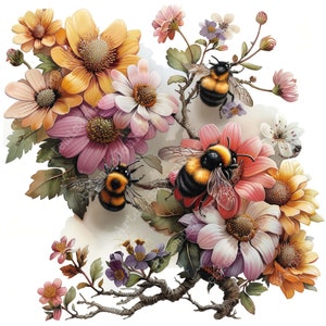 K&ouml;nnte beinhalten: Ein lebendiger Blumenstrau&szlig; mit rosa, wei&szlig;en und gelben Bl&uuml;ten und drei Hummeln. Die Blumen sind um einen zentralen Zweig mit Bl&auml;ttern und Stielen angeordnet.