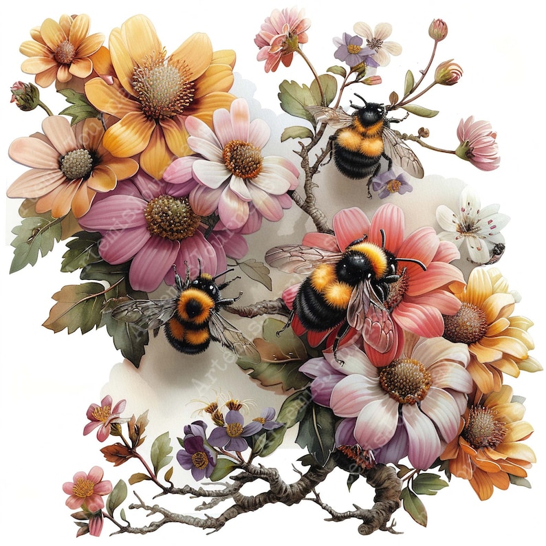 K&ouml;nnte beinhalten: Ein lebendiger Blumenstrau&szlig; mit rosa, wei&szlig;en und gelben Bl&uuml;ten und drei Hummeln. Die Blumen sind um einen zentralen Zweig mit Bl&auml;ttern und Stielen angeordnet.