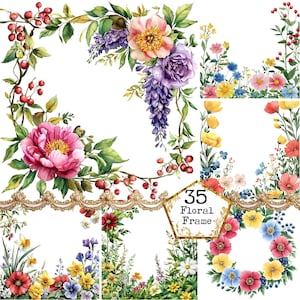 Peut inclure: Plusieurs cadres floraux à l'aquarelle avec des pivoines roses, des glycines violettes et diverses fleurs sauvages. Les cadres sont ornés de baies et d'accents dorés, avec le texte "35 Floral Frame" dans un pentagone doré.