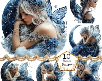 JPEG-aquarel Blue Moon Fairy Clipart-bundel Celestial Art Galaxy Fairy Clipart Instant Download Paper Crafts Junk Journal Scrapbooking