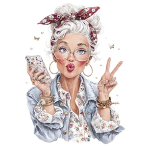 30 Funny Elderly Lady - Watercolor Clipart Bundle PNG + JPEG format Paper Crafts Junk Journal Scrapbooking