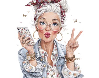 30 Funny Elderly Lady - Watercolor Clipart Bundle PNG + JPEG format Paper Crafts Junk Journal Scrapbooking