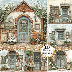 Puede incluir: Un collage de 10 imágenes de puertas rústicas con un título que dice "10 Rustic Doorway". Las puertas son todas de diferentes tonos de azul y verde y tienen varios elementos decorativos, como ventanas, paneles y herrajes. Las puertas están sobre un fondo de muros de ladrillo, muros de piedra y vegetación exuberante.