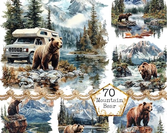 Bear and Mountain Forest Clipart Bundle JPEG Commercial Use Printable Backgrounds Instant Download Paper Crafts Junk Journal Scrapbooking