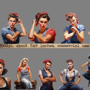 Op de afbeelding: Negen illustraties van vrouwen die overalls en rode bandana's dragen. De vrouwen worden afgebeeld in verschillende poses, waaronder staand, zittend en met gespannen spieren. De illustraties zijn in vintage stijl en hebben een patriottisch thema.