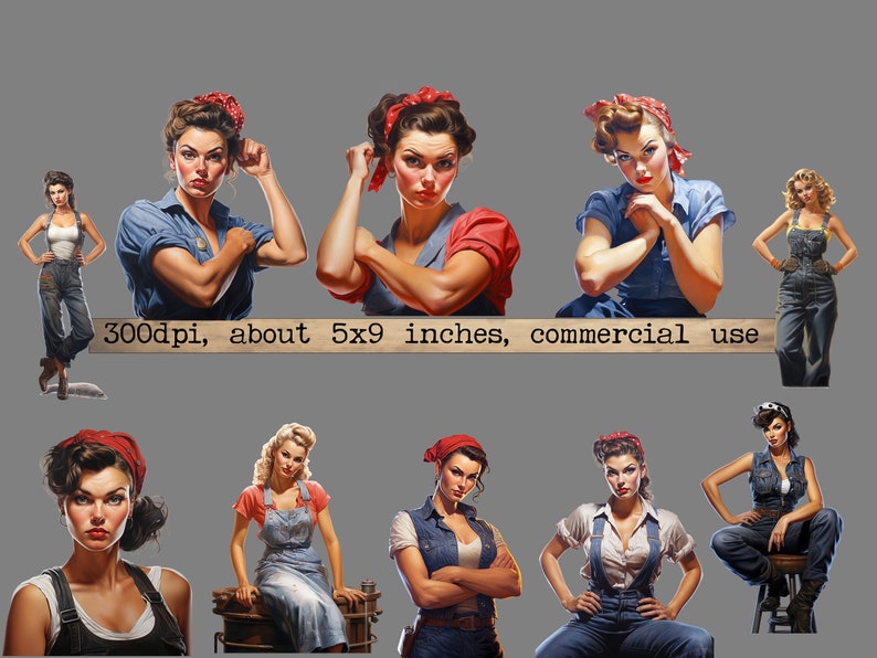 Op de afbeelding: Negen illustraties van vrouwen die overalls en rode bandana's dragen. De vrouwen worden afgebeeld in verschillende poses, waaronder staand, zittend en met gespannen spieren. De illustraties zijn in vintage stijl en hebben een patriottisch thema.