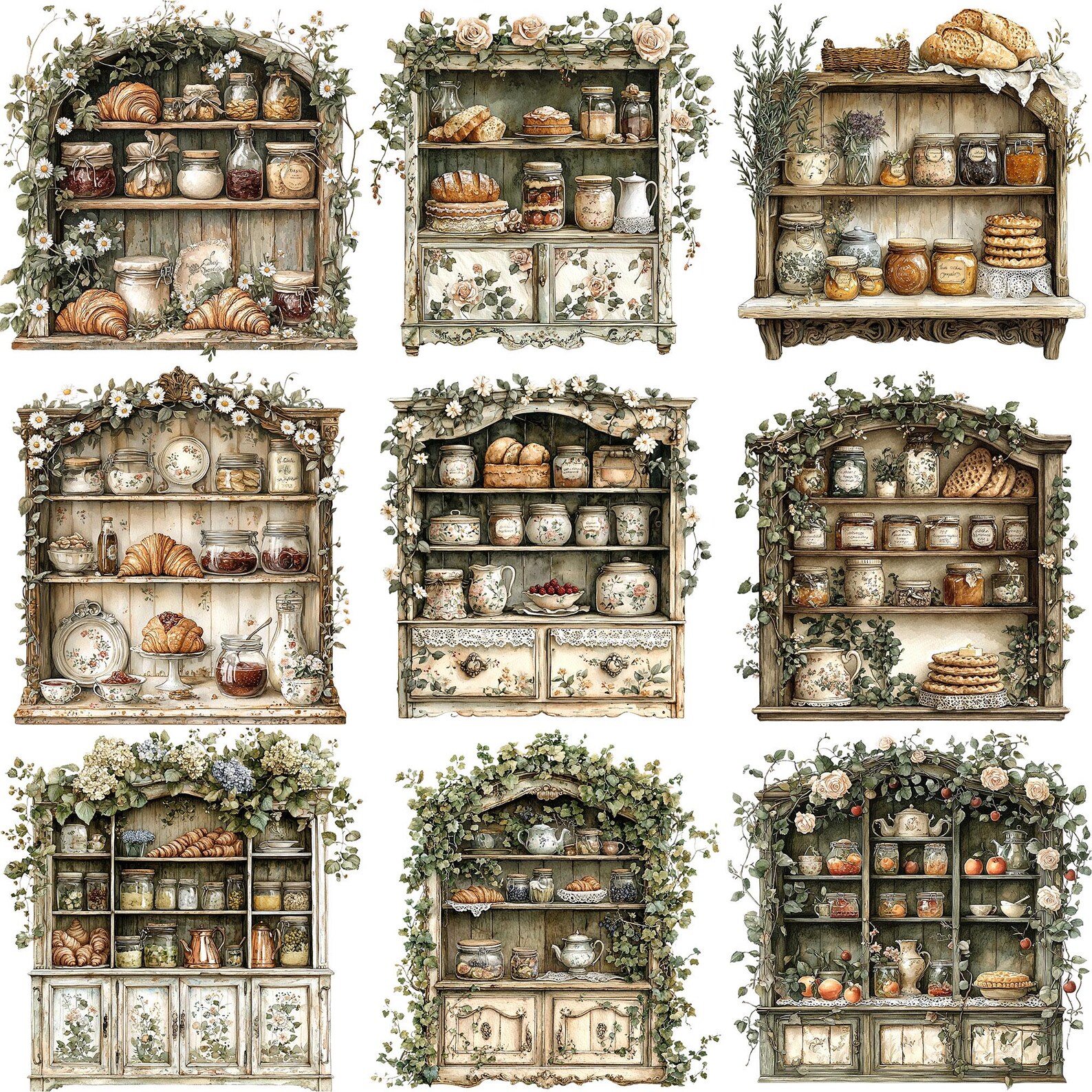 PNG + JPEG Watercolor Vintage Kitchen Cabinet Clipart Bundle Rustic ...