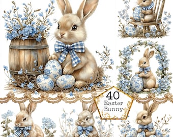 Pode incluir: Um conjunto de 40 ilustrações de coelhos da Páscoa com coelhos segurando ovos de Páscoa azuis e brancos. Os coelhos estão rodeados de flores azuis e folhas verdes. As ilustrações são perfeitas para artesanato, scrapbooking e outros projetos criativos.
