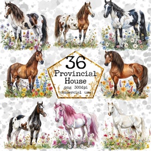 Aquarell Blumen Pferd Clipart Bundle Pferd PNG Romantische Clipart Fantasie Pferd auf einer Wiese Clipart Papier Handwerk Junk Journal Scrapbooking