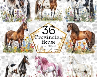 Pode incluir: 36 ilustrações digitais de cavalos em um campo de flores. Os cavalos são de diferentes raças e cores, incluindo marrom, branco, preto e manchado. As flores são de várias cores, incluindo rosa, roxo, amarelo e azul. As ilustrações estão em um estilo de aquarela e são perfeitas para usar em scrapbooking digital, criação de cartões e outros projetos de artesanato.
