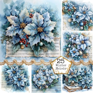 JPEG Holly y Poinsettia con partituras, Elegancia festiva, Paquete de imágenes prediseñadas Descarga instantánea JPEG, Álbum de recortes, Diario basura, Artesanías de papel