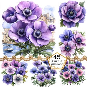 JPEG aquarel anemonen clipart lente bloemen landschap clipart bundel paarse bloem Instant Download papier ambachten ongewenste dagboek scrapbooking