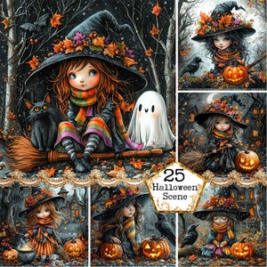 JPEG Whimsical Witch Bundle Clipart Abóbora Floresta Cerca Raven Digital Download Comercial Scrapbook Junk Journal Paper Crafts Scrapbooking