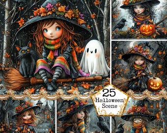 JPEG Skurril Hexe Bundle Clipart Kürbis Wald Zaun Raben Digitaler Download kommerzielle Scrapbook Junk Journal Papier Handwerk Scrapbooking