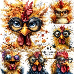 JPEG Crazy Chicken with Glasses Clipart Bundle Crazy Rooster Clipart Chicken Portrait Instant Download Paper Craft Junk Journal Scrapbooking