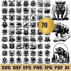 Könnte beinhalten: Ein Set mit 70 Schwarzweiß-Vektorillustrationen von Wildschweinen in verschiedenen Posen. Die Illustrationen eignen sich perfekt für Bastelprojekte, Scrapbooking und digitales Design.