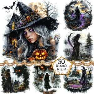 JPEG Halloween Witch&#39;s House Clipart Bundle Dark Academy Witch Clipart Commercial Use Scrapbook, Junk Journal, Paper Crafts, Scrapbooking