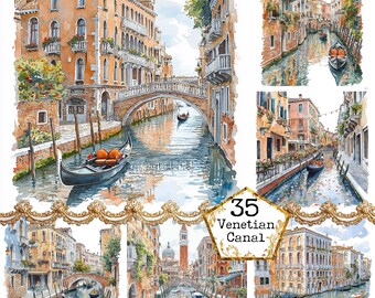 ヴェネツィアのゴンドラの水彩画クリップアート、ロマンチックな運河の