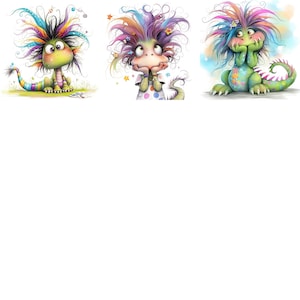 May include: Three whimsical watercolor illustrations of friendly, colorful dragons. Each dragon has vibrant, spiky hair in shades of purple, blue, yellow, and green. The dragons are in various poses, with one sitting, one with its chin on its hands, and one with its hands on its cheeks.