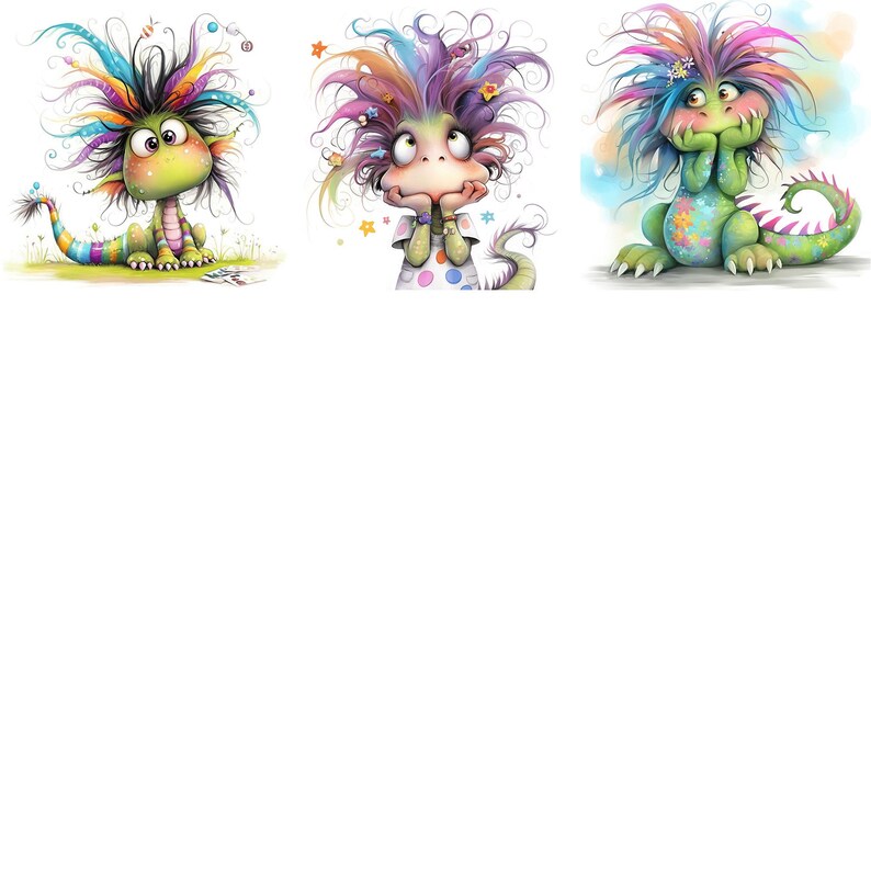May include: Three whimsical watercolor illustrations of friendly, colorful dragons. Each dragon has vibrant, spiky hair in shades of purple, blue, yellow, and green. The dragons are in various poses, with one sitting, one with its chin on its hands, and one with its hands on its cheeks.