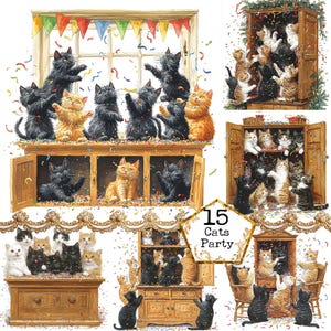 JPEG Aquarell spielerische Katzen in einem Schrank Party Clipart Bundle Lustige Katzen schwarze Katze Sofortiger Download Papier Handwerk Junk Journal Scrapbooking