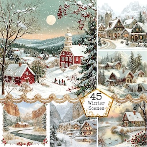 JPEG Vinterscen Clipart Bundle Akvarell Vinterby Direkt Nedladdning Papperspyssel Skräpjournal Scrapbooking