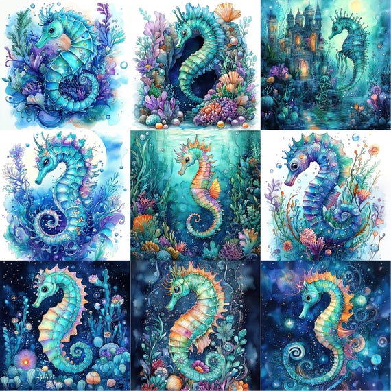 JPEG 水彩画 タツノオトシゴ グラフィック 水中イラスト サンゴ礁 海藻