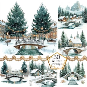 JPEG aquarelle hiver pont paysage hiver rivière patinage sur glace scène d'hiver graphiques téléchargement immédiat papier artisanat indésirable journal Scrapbooking