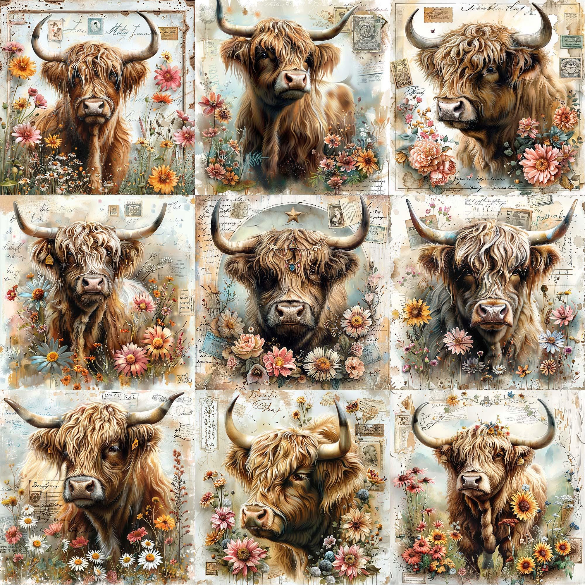 JPEG Highlander Flower Cow Junk Journal Papers Cottagecore Graphics Cow ...