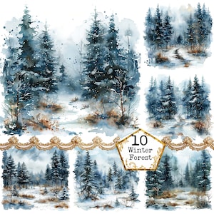 Aquarelle forêt enneigée JPEG téléchargement immédiat forêt Clipart paysage enneigé Clipart hiver Clipart papier artisanat indésirable Journal Scrapbooking