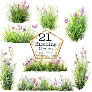 Aquarelle Blooming Grass Clipart Bundle Touffes d’herbe botanique PNG Utilisation commerciale Téléchargement instantané Paper Crafts Junk Journal Scrapbooking