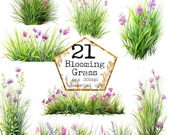 May include: 21 digital illustrations of blooming grass with pink flowers. The illustrations are in a watercolor style and are perfect for adding a touch of nature to your designs.