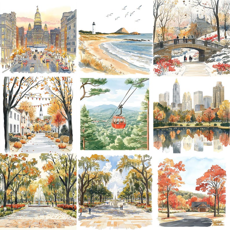 K&ouml;nnte beinhalten: Eine Collage aus zehn Aquarellen, die verschiedene Stadt- und Landschaftsbilder zeigen. Die Bilder zeigen Szenen einer Skyline, eines Strandes mit einem Leuchtturm, einer Bergkette, eines Parks mit einer Br&uuml;cke, einer von B&auml;umen ges&auml;umten Stra&szlig;e, eines Parks mit einem Springbrunnen, einer Stra&szlig;e mit einer Br&uuml;cke, eines Parks mit einem See, einer Stra&szlig;e mit einer Br&uuml;cke und einer Stra&szlig;e mit einer Br&uuml;cke.