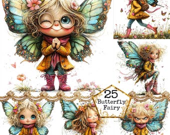 May include: A set of five digital illustrations featuring whimsical fairy characters with butterfly wings. The fairies are wearing yellow jackets, pink boots, and have blonde hair. The illustrations are in a cartoon style and have a whimsical feel.