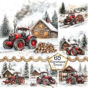 May include: A collage of five watercolour paintings depicting a red tractor pulling a Christmas tree through a snowy winter scene. The tractor is towing a trailer laden with a Christmas tree and festive decorations. The paintings are set against a backdrop of snow-covered trees and a charming log cabin. The text "65 Christmas Truck" is displayed in a gold frame.