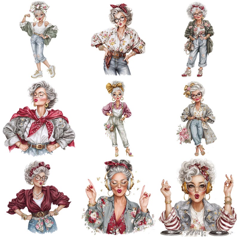 30 Funny Elderly Lady - Watercolor Clipart Bundle PNG + JPEG Format ...
