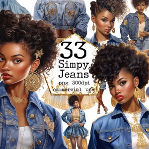 Afro Denim Girls Bundle Clipart PNG, Transparent Background Jeans Clipart, Fashion Girl, Scrapbook Junk Journal Paper Crafts Scrapbooking