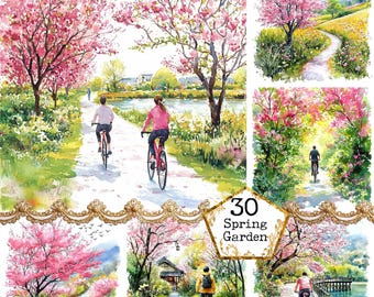 May include: A watercolor painting of a spring garden with cherry blossom trees and people riding bicycles on a path. The painting is divided into four sections, each with a different scene. The top left section shows a path lined with cherry blossom trees, with two people riding bicycles. The top right section shows a path winding through a field of flowers, with a cherry blossom tree in the background. The bottom left section shows a path leading to a small house, with cherry blossom trees on either side. The bottom right section shows a path leading to a bridge, with cherry blossom trees on either side. The painting is titled "30 Spring Garden".