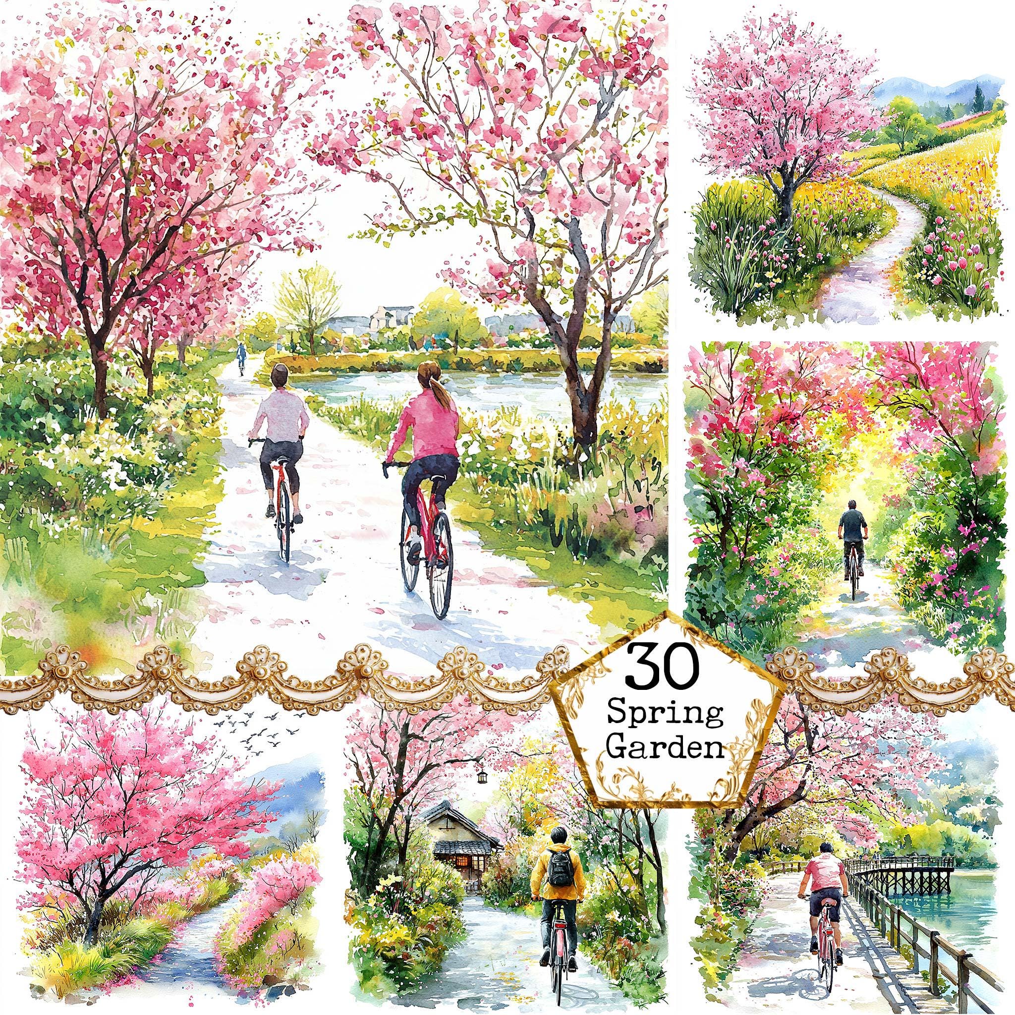 JPEG Watercolor Cherry Blossom Park Clipart Bundle Spring Garden ...