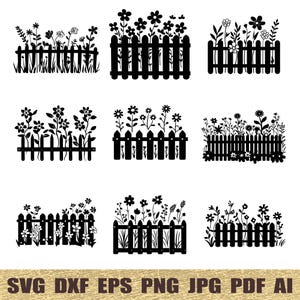 15 Floral Fence svg, dxf, eps, ai, pdf, jpg, png Fence Silhouettes Cut File printable vectors commercial use instant download Rustic fence