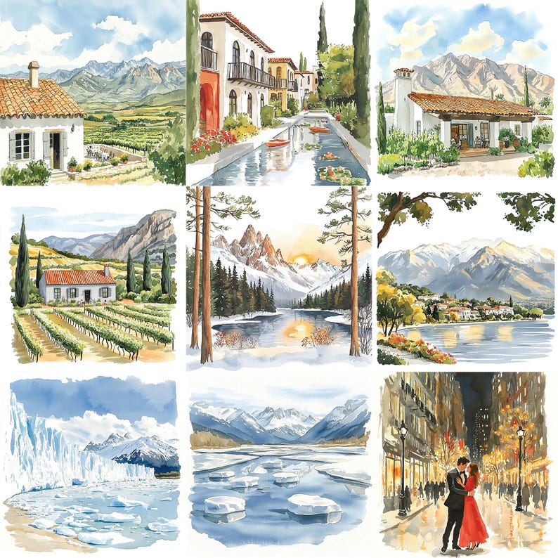 May include: A collage of ten watercolor paintings depicting various landscapes. The top row features a white building with a red roof, a white building with a blue pool, and a white building with a red roof. The middle row features a vineyard with a white building, a lake with mountains in the background, and a lake with mountains in the background. The bottom row features a glacier, a frozen lake, and a city street at night.