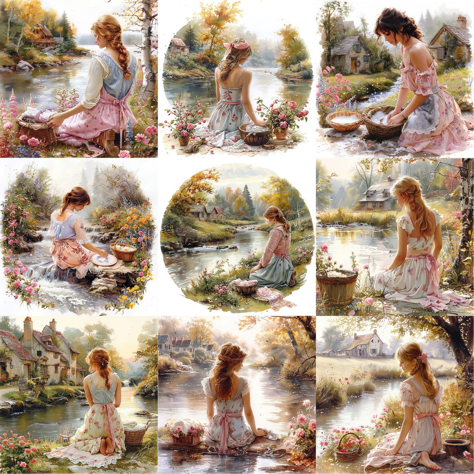 Vintage Shabby Chic Girl at the River Washing Clothes JPEG Laundry Day ...