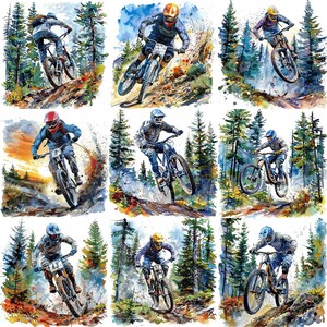 May include: A watercolor painting of nine mountain bikers riding through a forest. The bikers are wearing helmets and riding downhill on their bikes. The forest is lush and green, with trees on both sides of the trail. The painting is full of action and movement, capturing the excitement of mountain biking.