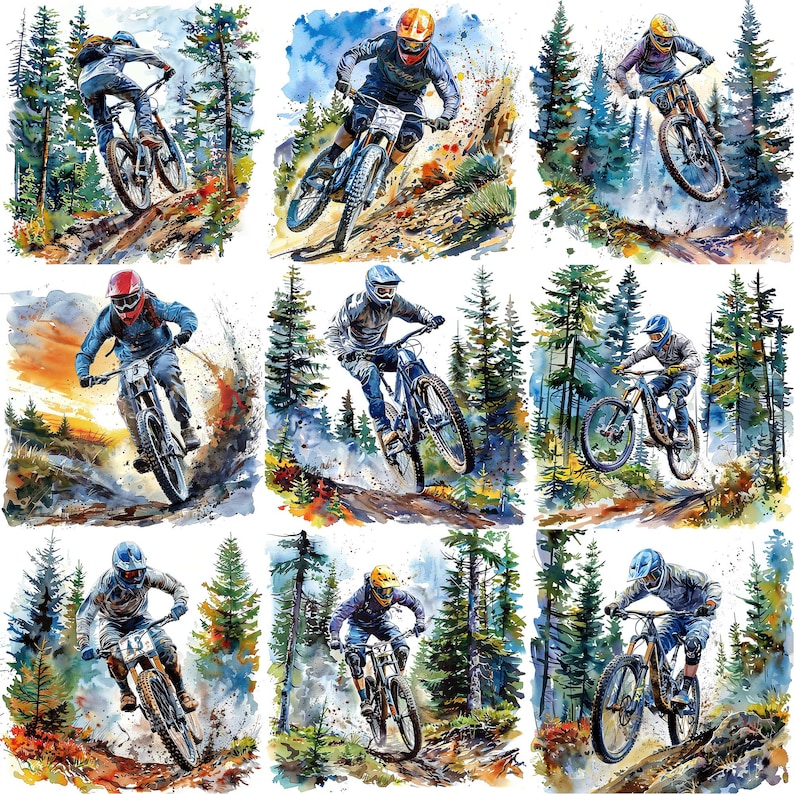 May include: A watercolor painting of nine mountain bikers riding through a forest. The bikers are wearing helmets and riding downhill on their bikes. The forest is lush and green, with trees on both sides of the trail. The painting is full of action and movement, capturing the excitement of mountain biking.