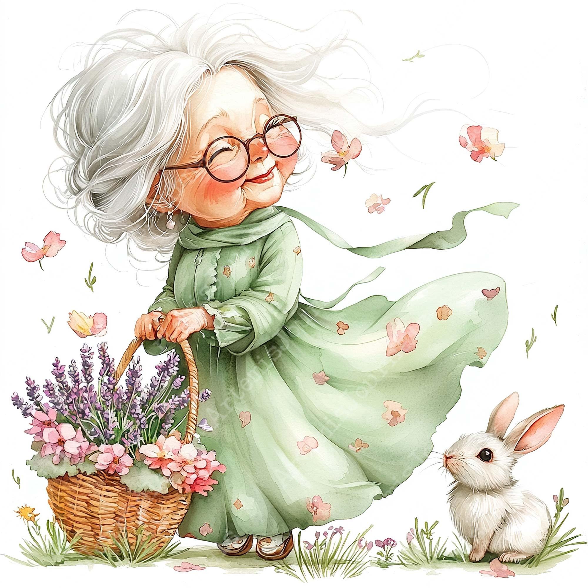 JPEG Watercolor Spring Granny Clipart Bundle Funny Floral Granny Spring ...