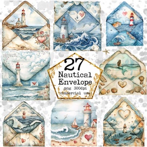 PNG acquerello nautico amore lettere Clipart acquerello busta PNG uso commerciale Download immediato artigianato di carta Junk Journal Scrapbooking